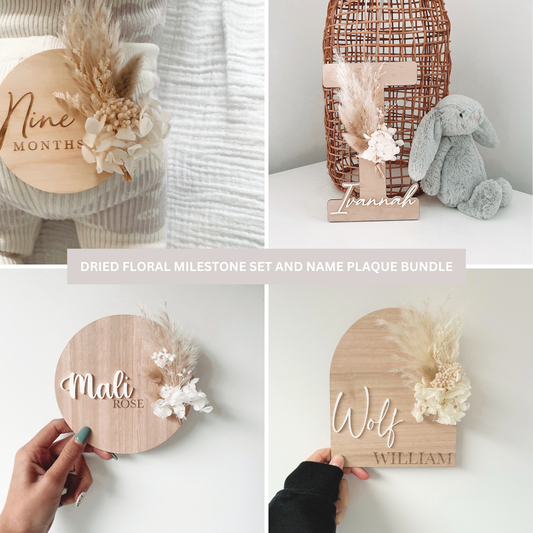 Dried floral bundle - milestone set and name plaque